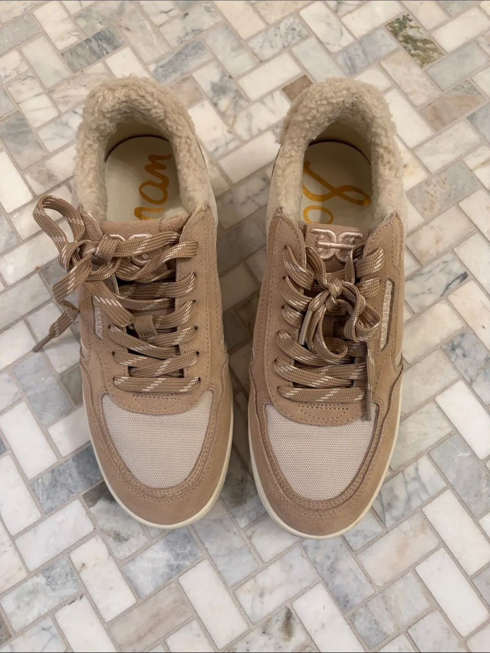 Sam Edelman womens Beige/Tan Sherpa-Lined Casual Sneakers